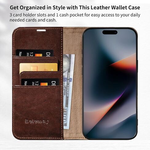 Belemay Leather Wallet Case Compatible with iPhone 17 Pro Max, Premium Cowhide Leather Two-Tone Effect, RFID Blocking Card Holders, Shockproof TPU Shell, Kickstand, Protective Flip Cover, 6.9", Brown in Saudi Arabia