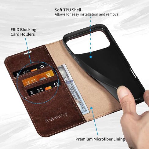 Belemay Leather Wallet Case Compatible with iPhone 17 Pro Max, Premium Cowhide Leather Two-Tone Effect, RFID Blocking Card Holders, Shockproof TPU Shell, Kickstand, Protective Flip Cover, 6.9", Brown in Saudi Arabia