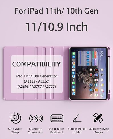 حافظة لوحة المفاتيح لجهاز iPad (A16) الجيل الحادي عشر مقاس 11 بوصة 2025 والآيباد الجيل العاشر 10.9 بوصة 2022 مع حامل | لوحة مفاتيح بلوتوث لاسلكية قابلة للفصل | غلاف خلفي ناعم من مادة TPU | النوم/الاستيقاظ التلقائي (رمادي) in Saudi Arabia
