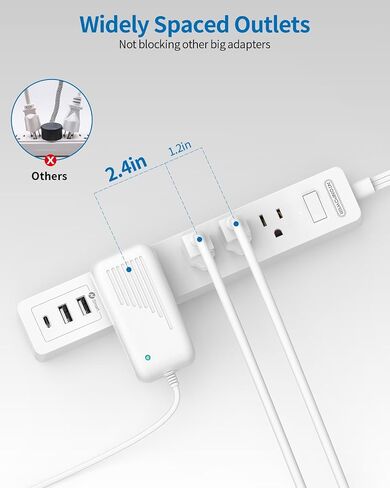 NTONPOWER سلك تمديد طويل 25 قدم، سلك تمديد مسطح تحت السجاد، سلك طويل لشريط الطاقة، شريط طاقة مثبت على الحائط مع 4 منافذ 2 USB A + USB C، حماية من التحميل الزائد للداخلية، المنزل، النوم، المكتب in Kuwait