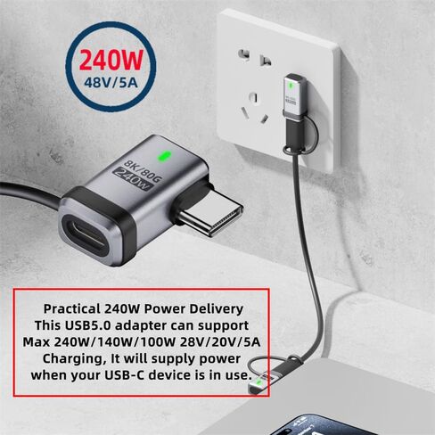 محول NFHK 90 درجة USB5.0 80 جيجابت في الثانية ذكر إلى أنثى محول تمديد بزاوية يسار يمين مع سلسلة مفاتيح حبل 240 وات 16K 8K 5K متوافق مع USB4.0 Thunderbolt3/4/5 in Kuwait