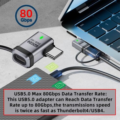 محول NFHK 90 درجة USB5.0 80 جيجابت في الثانية ذكر إلى أنثى محول تمديد بزاوية يسار يمين مع سلسلة مفاتيح حبل 240 وات 16K 8K 5K متوافق مع USB4.0 Thunderbolt3/4/5 in Kuwait