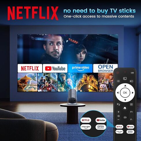 [متوافق مع Netflix/التركيز الكهربائي] جهاز عرض صغير مع واي فاي وبلوتوث - 1080P 4K يدعم جهاز عرض خارجي محمول، جهاز عرض ذكي YOWHICK 270 درجة للأفلام الليلية/السقف/المسرح المنزلي in Kuwait