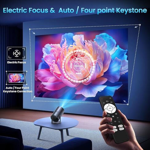 [متوافق مع Netflix/التركيز الكهربائي] جهاز عرض صغير مع واي فاي وبلوتوث - 1080P 4K يدعم جهاز عرض خارجي محمول، جهاز عرض ذكي YOWHICK 270 درجة للأفلام الليلية/السقف/المسرح المنزلي in Kuwait