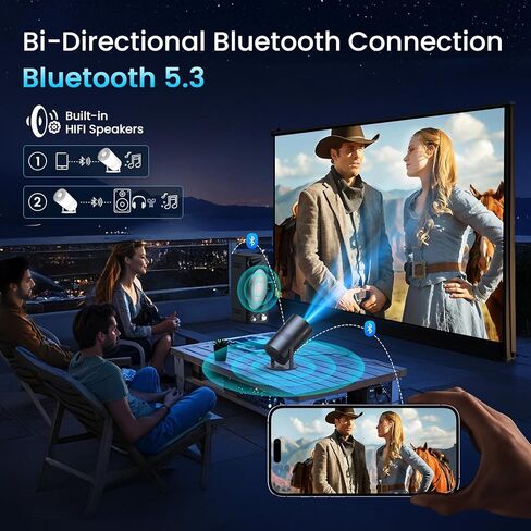 [متوافق مع Netflix/التركيز الكهربائي] جهاز عرض صغير مع واي فاي وبلوتوث - 1080P 4K يدعم جهاز عرض خارجي محمول، جهاز عرض ذكي YOWHICK 270 درجة للأفلام الليلية/السقف/المسرح المنزلي in Kuwait