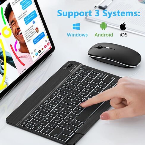 مجموعة لوحة مفاتيح وماوس بلوتوث للوحة مفاتيح iPad مع إضاءة خلفية 7 ألوان، لوحة مفاتيح لاسلكية قابلة لإعادة الشحن تناسب iPad 10th/9th/8th Gen، iPhone، Tablet، الهاتف الذكي iOS Android Windows in Kuwait