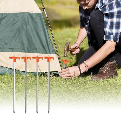 4PCS Camping Tents Stakes Heavy Duty, 7.1Inch Metal Tent Pegs for Camping Garden Hiking Beach Sand, T-Shaped Ground Stakes Spikes for Outdoor, Orange in Saudi Arabia