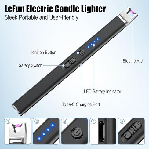 LcFun Candle Lighter Electric USB Rechargeable Plasma Arc Lighter with Safety Lock, Windproof Flameless Long Lighters for Candle, Grill, BBQ, Camping, Gas Stoves in Kuwait