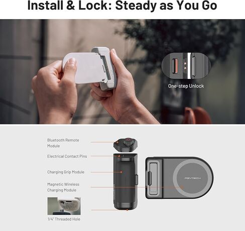 مجموعة قبضة الهاتف PGYTECH MagCam، قبضة هاتف محمول 3 في 1 مع شحن لاسلكي MagSafe / جهاز تحكم بلوتوث قابل للفصل، باور بانك مدمج، حامل هاتف، أسود كلاسيكي in Kuwait