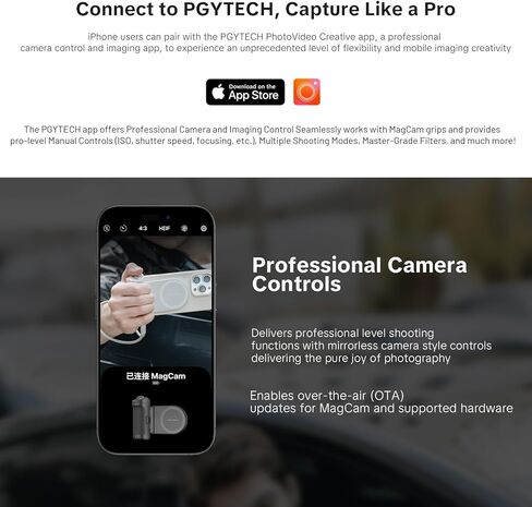 مجموعة قبضة الهاتف PGYTECH MagCam، قبضة هاتف محمول 3 في 1 مع شحن لاسلكي MagSafe / جهاز تحكم بلوتوث قابل للفصل، باور بانك مدمج، حامل هاتف، أسود كلاسيكي in Kuwait