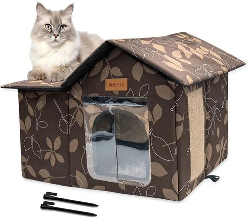Outdoor Cat House, Cat House, Wild Cat Dog House, Stray Cat Shelter, Outdoor Indoor Waterproof House for Dogs and Cats (Brown, Support Pole, Small House) (Medium, Brown) in Saudi Arabia