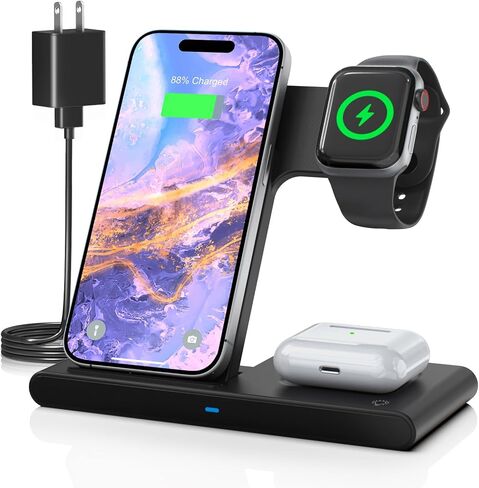Foldable 3in1 Wireless Charging Station: Travel Portable Charger Dock for iPhone 16e 16 15 14 13 12 - Apple Watch 10 9 8 7 6 5 4 3 2 Se Ultra - AirPods Pro 4 3 2, Compact Stand for Multiple Device in Saudi Arabia