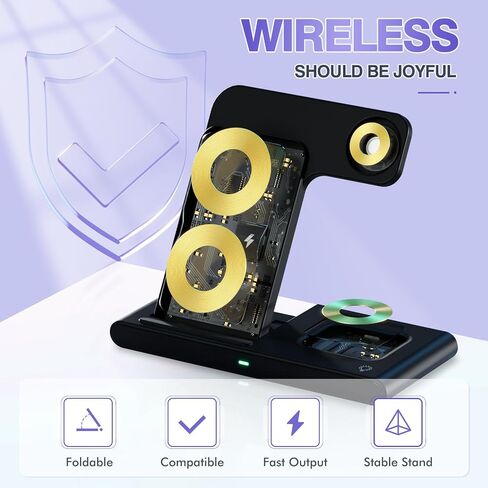 Foldable 3in1 Wireless Charging Station: Travel Portable Charger Dock for iPhone 16e 16 15 14 13 12 - Apple Watch 10 9 8 7 6 5 4 3 2 Se Ultra - AirPods Pro 4 3 2, Compact Stand for Multiple Device in Saudi Arabia