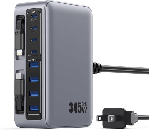 كتلة شاحن USB C بقدرة 345 وات مع كابلين مدمجين قابلين للسحب، ومحطة شحن GaN IV USB C 10 في 1، ومحول طاقة شاحن الكمبيوتر المحمول PD 65 وات لأجهزة MacBook Pro/Air، وDELL، وiPhone17/16/15/14، وGalaxy S24، وAndroid وغيرها in Kuwait