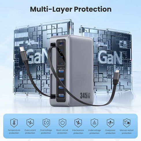 كتلة شاحن USB C بقدرة 345 وات مع كابلين مدمجين قابلين للسحب، ومحطة شحن GaN IV USB C 10 في 1، ومحول طاقة شاحن الكمبيوتر المحمول PD 65 وات لأجهزة MacBook Pro/Air، وDELL، وiPhone17/16/15/14، وGalaxy S24، وAndroid وغيرها in Kuwait