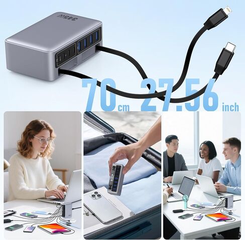 كتلة شاحن USB C بقدرة 345 وات مع كابلين مدمجين قابلين للسحب، ومحطة شحن GaN IV USB C 10 في 1، ومحول طاقة شاحن الكمبيوتر المحمول PD 65 وات لأجهزة MacBook Pro/Air، وDELL، وiPhone17/16/15/14، وGalaxy S24، وAndroid وغيرها in Kuwait