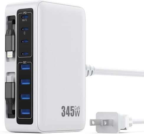 كتلة شاحن USB C بقدرة 345 وات مع كابلين مدمجين قابلين للسحب، ومحطة شحن GaN IV USB C 10 في 1، ومحول طاقة شاحن الكمبيوتر المحمول PD 65 وات لأجهزة MacBook Pro/Air، وDELL، وiPhone17/16/15/14، وGalaxy S24، وAndroid وغيرها in Kuwait