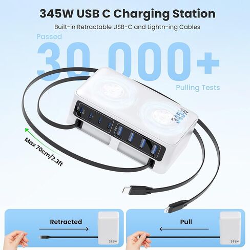 كتلة شاحن USB C بقدرة 345 وات مع كابلين مدمجين قابلين للسحب، ومحطة شحن GaN IV USB C 10 في 1، ومحول طاقة شاحن الكمبيوتر المحمول PD 65 وات لأجهزة MacBook Pro/Air، وDELL، وiPhone17/16/15/14، وGalaxy S24، وAndroid وغيرها in Kuwait