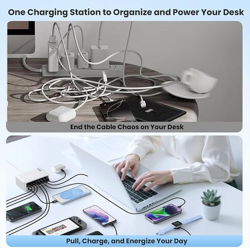 كتلة شاحن USB C بقدرة 345 وات مع كابلين مدمجين قابلين للسحب، ومحطة شحن GaN IV USB C 10 في 1، ومحول طاقة شاحن الكمبيوتر المحمول PD 65 وات لأجهزة MacBook Pro/Air، وDELL، وiPhone17/16/15/14، وGalaxy S24، وAndroid وغيرها in Kuwait