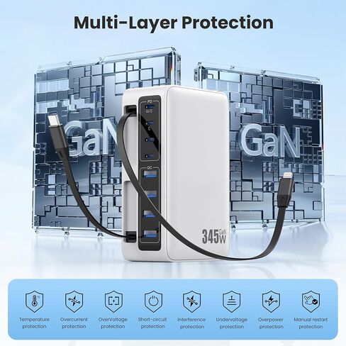 كتلة شاحن USB C بقدرة 345 وات مع كابلين مدمجين قابلين للسحب، ومحطة شحن GaN IV USB C 10 في 1، ومحول طاقة شاحن الكمبيوتر المحمول PD 65 وات لأجهزة MacBook Pro/Air، وDELL، وiPhone17/16/15/14، وGalaxy S24، وAndroid وغيرها in Kuwait