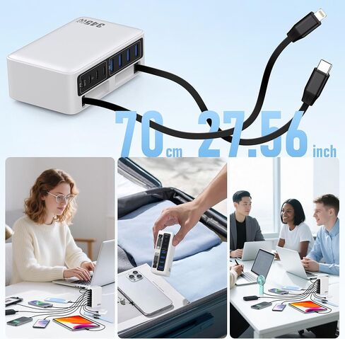 كتلة شاحن USB C بقدرة 345 وات مع كابلين مدمجين قابلين للسحب، ومحطة شحن GaN IV USB C 10 في 1، ومحول طاقة شاحن الكمبيوتر المحمول PD 65 وات لأجهزة MacBook Pro/Air، وDELL، وiPhone17/16/15/14، وGalaxy S24، وAndroid وغيرها in Kuwait