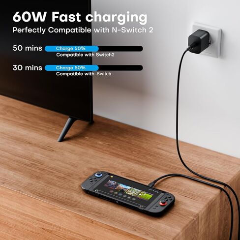 for Switch 2 Fast Charger,60W AC Adapter Power Supply for Switch2/OLED/Lite/Switch Dock/Pro Controller & Steam Deck,Support TV Mode,with 1.8M USB Type-C Cable(Black) in Saudi Arabia