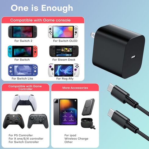 for Switch 2 Fast Charger,60W AC Adapter Power Supply for Switch2/OLED/Lite/Switch Dock/Pro Controller & Steam Deck,Support TV Mode,with 1.8M USB Type-C Cable(Black) in Saudi Arabia
