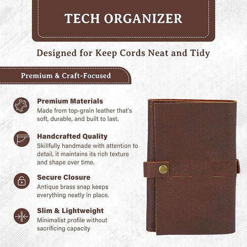 ROGUE WALLET Handcrafted Genuine Leather Tech Organizer - Spacious Phone Cord Organizer, Wide Storage Pockets - Durable & Easy to Maintain Cable Storage Bag for Everyday Use (Brown) in Saudi Arabia