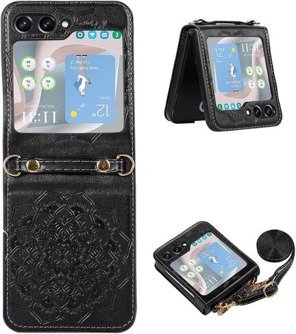 متوافق مع حافظة Moto Razr 2025 باللون الأسود، حافظة هاتف نسائية من جلد البولي يوريثان الفاخر بنمط الزهور مع حزام حول الجسم قابل للفصل in Kuwait