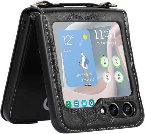 متوافق مع حافظة Moto Razr 2025 باللون الأسود، حافظة هاتف نسائية من جلد البولي يوريثان الفاخر بنمط الزهور مع حزام حول الجسم قابل للفصل in Kuwait