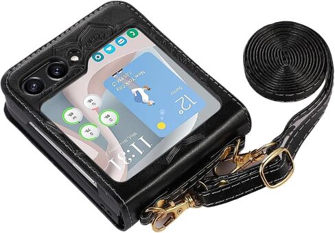 متوافق مع حافظة Moto Razr 2025 باللون الأسود، حافظة هاتف نسائية من جلد البولي يوريثان الفاخر بنمط الزهور مع حزام حول الجسم قابل للفصل in Kuwait