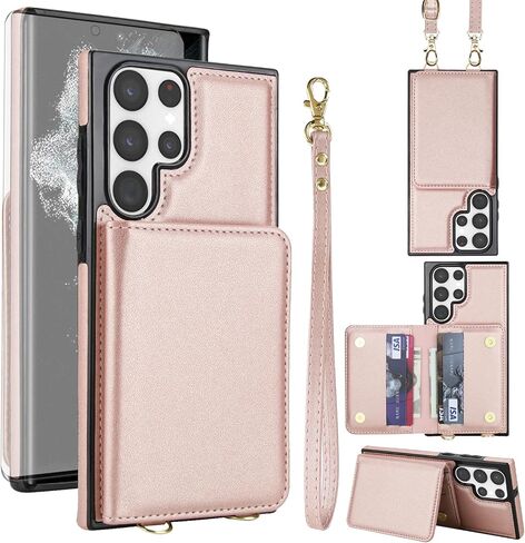 Asuwish Phone Case for Samsung Galaxy S23 Ultra 5G Wallet Cell Cover with Tempered Glass Screen Protector Wrist Strap RFID Blocking Stand Card Holder S23Ultra 23S S 23 23Ultra 6.8 inch Women Rose Gold in Saudi Arabia