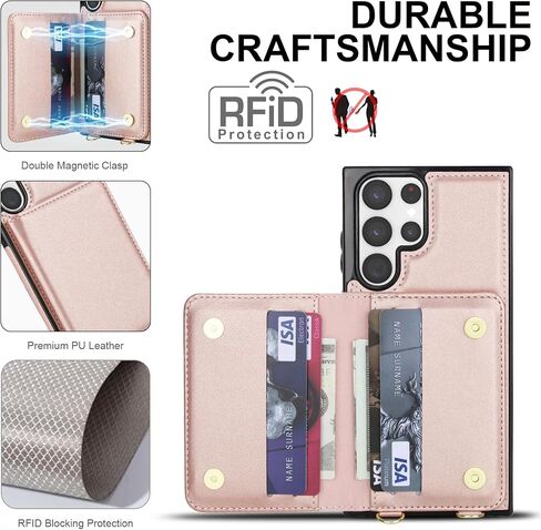 Asuwish Phone Case for Samsung Galaxy S23 Ultra 5G Wallet Cell Cover with Tempered Glass Screen Protector Wrist Strap RFID Blocking Stand Card Holder S23Ultra 23S S 23 23Ultra 6.8 inch Women Rose Gold in Saudi Arabia
