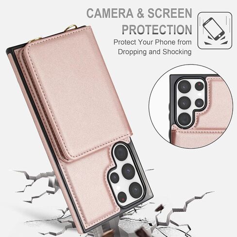 Asuwish Phone Case for Samsung Galaxy S23 Ultra 5G Wallet Cell Cover with Tempered Glass Screen Protector Wrist Strap RFID Blocking Stand Card Holder S23Ultra 23S S 23 23Ultra 6.8 inch Women Rose Gold in Saudi Arabia