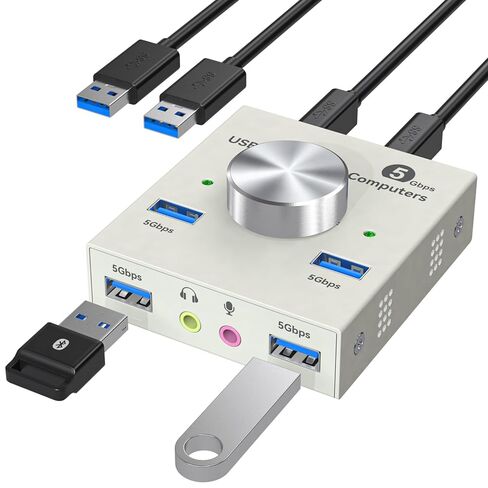 محول USB 3.0 لجهازي كمبيوتر يشاركان أجهزة سماعات الرأس السلكية USB A و3.5 مم، محول USB 4 منافذ للوحة المفاتيح والماوس، الطابعة/الماسح الضوئي مع كابلين USB3.0، رمادي in Kuwait
