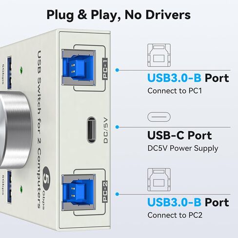 محول USB 3.0 لجهازي كمبيوتر يشاركان أجهزة سماعات الرأس السلكية USB A و3.5 مم، محول USB 4 منافذ للوحة المفاتيح والماوس، الطابعة/الماسح الضوئي مع كابلين USB3.0، رمادي in Kuwait