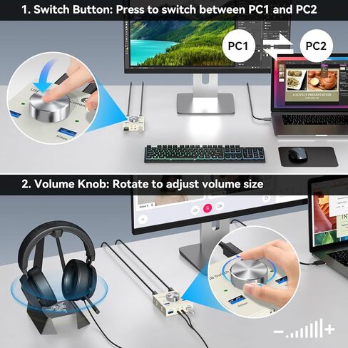 محول USB 3.0 لجهازي كمبيوتر يشاركان أجهزة سماعات الرأس السلكية USB A و3.5 مم، محول USB 4 منافذ للوحة المفاتيح والماوس، الطابعة/الماسح الضوئي مع كابلين USB3.0، رمادي in Kuwait