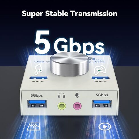 محول USB 3.0 لجهازي كمبيوتر يشاركان أجهزة سماعات الرأس السلكية USB A و3.5 مم، محول USB 4 منافذ للوحة المفاتيح والماوس، الطابعة/الماسح الضوئي مع كابلين USB3.0، رمادي in Kuwait