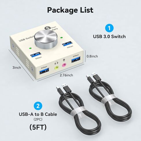 محول USB 3.0 لجهازي كمبيوتر يشاركان أجهزة سماعات الرأس السلكية USB A و3.5 مم، محول USB 4 منافذ للوحة المفاتيح والماوس، الطابعة/الماسح الضوئي مع كابلين USB3.0، رمادي in Kuwait