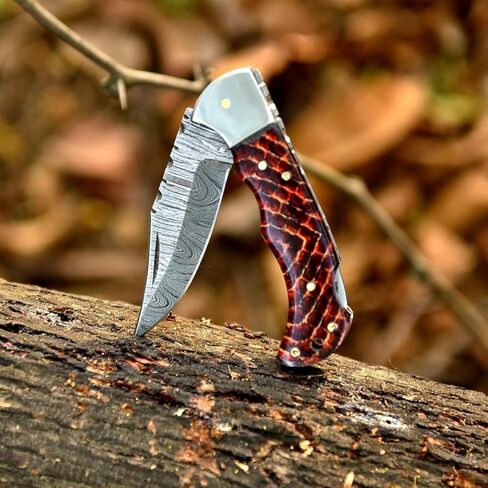 هدية عيد الميلاد للصيادين - سكين دمشقي قابل للطي مصنوع يدويًا مع مبراة | سكاكين صيد الجيب بغمد جلدي | مقبض من الراتنج، سكاكين بقاء مريحة في الهواء الطلق للصيد والتخييم والمشي لمسافات طويلة in Kuwait