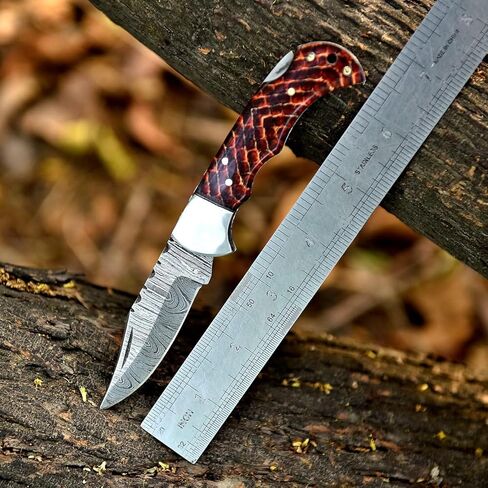 هدية عيد الميلاد للصيادين - سكين دمشقي قابل للطي مصنوع يدويًا مع مبراة | سكاكين صيد الجيب بغمد جلدي | مقبض من الراتنج، سكاكين بقاء مريحة في الهواء الطلق للصيد والتخييم والمشي لمسافات طويلة in Kuwait