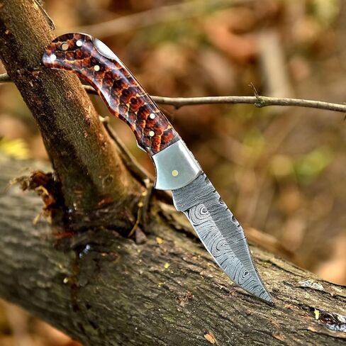 هدية عيد الميلاد للصيادين - سكين دمشقي قابل للطي مصنوع يدويًا مع مبراة | سكاكين صيد الجيب بغمد جلدي | مقبض من الراتنج، سكاكين بقاء مريحة في الهواء الطلق للصيد والتخييم والمشي لمسافات طويلة in Kuwait