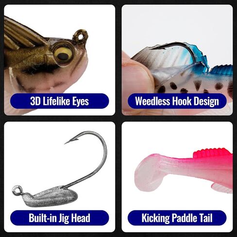 Soft Fishing Lures 5pcs Kit with Tackle Box Weedless Paddle Tail Swimbaits for Bass Trout Crappie Walleye Freshwater Saltwater Life Like Action Durable Plastic Sharp Hooks in Kuwait