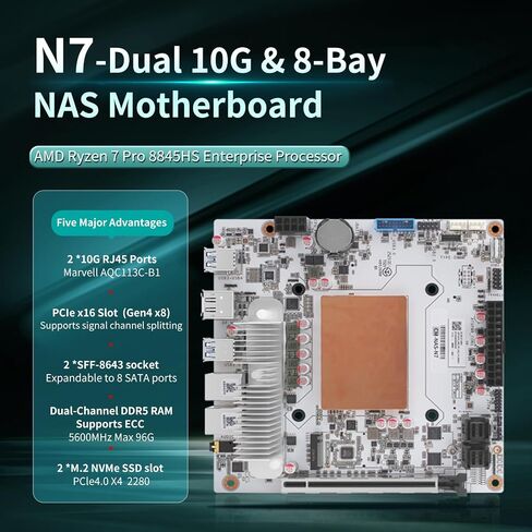 اللوحة الأم N7 8-Bay NAS Mini ITX LGA1700 معالج AMD 8845HS (8C/16T)، 2 × 10 جيجا منافذ RJ45، 2 * SO-DIMM DDR5 MAX 96G، 2 * M.2 NVMe (PCIe 4.0 x4)، 8 * SATA، 3 * USB3.2Gen1، Type-C USB4 20 جيجابت في الثانية، شاشة ثلاثية 4k/8K in Kuwait
