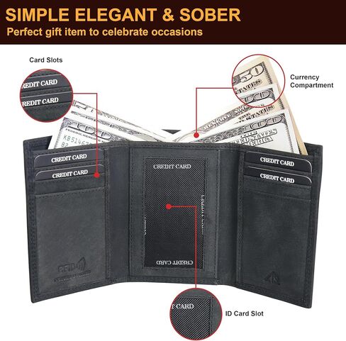 ASAD Leather Slim Everyday Trifold Wallet with ID Window and Multiple Card Slots | Genuine Leather Double Stitched RFID Blocking Stylish | Gift for Him | Black in Kuwait