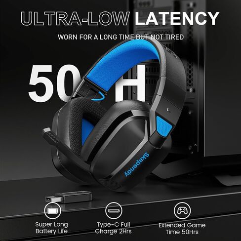 سماعة الألعاب اللاسلكية VK80 - سماعات رأس بلوتوث 2.4 جيجا هرتز مع ميكروفون - صوت ستيريو ثلاثي الأبعاد وعمر بطارية 50 ساعة - لأجهزة PS5، وPS4، وأجهزة الكمبيوتر الشخصية، وأجهزة Mac، والأجهزة اللوحية، والمحولات والهواتف الذكية، أسود أزرق in Kuwait