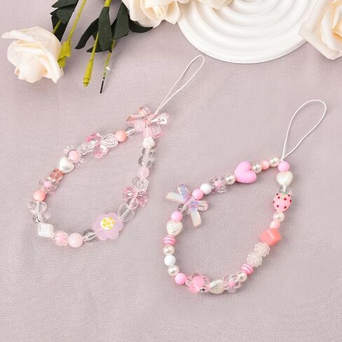 Flower Keychain for Phone Case Charms Strawberry Decorations for Backpack Purse Accessories for Handbags Cellphone Keychains for Womens Aesthetic Pink Beaded Keychains for Her 2PCs in Saudi Arabia