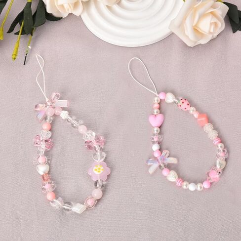 Flower Keychain for Phone Case Charms Strawberry Decorations for Backpack Purse Accessories for Handbags Cellphone Keychains for Womens Aesthetic Pink Beaded Keychains for Her 2PCs in Saudi Arabia