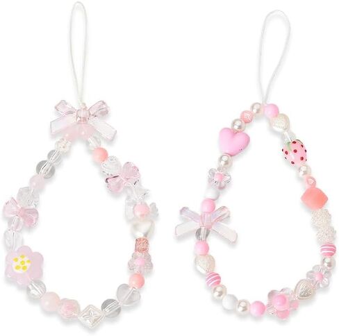 Flower Keychain for Phone Case Charms Strawberry Decorations for Backpack Purse Accessories for Handbags Cellphone Keychains for Womens Aesthetic Pink Beaded Keychains for Her 2PCs in Saudi Arabia