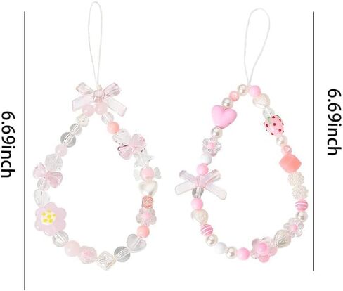 Flower Keychain for Phone Case Charms Strawberry Decorations for Backpack Purse Accessories for Handbags Cellphone Keychains for Womens Aesthetic Pink Beaded Keychains for Her 2PCs in Saudi Arabia
